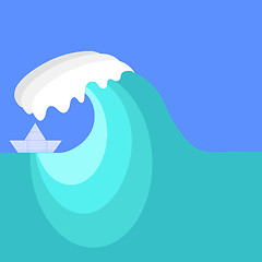 Image showing Big Sea Wave and Paper Ship