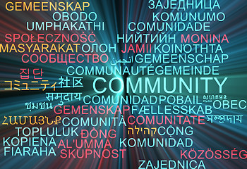 Image showing Community multilanguage wordcloud background concept glowing