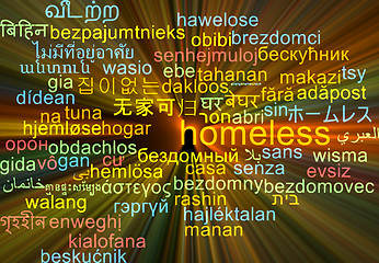 Image showing Homeless multilanguage wordcloud background concept glowing