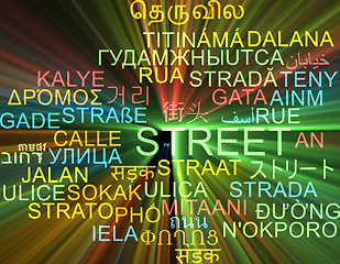 Image showing Street multilanguage wordcloud background concept glowing