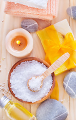 Image showing sea salt, soap and towels