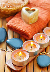 Image showing sea salt, soap and towel