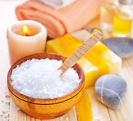 Image showing sea salt, soap and towels