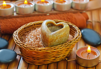 Image showing sea salt, soap and towel