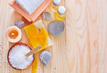 Image showing sea salt, soap and towels