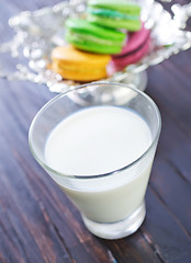 Image showing milk in glass and color macaroons