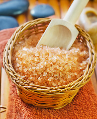 Image showing sea salt, soap and towel