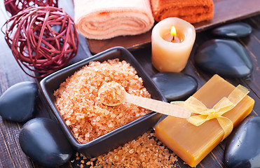 Image showing sea salt, soap and towels