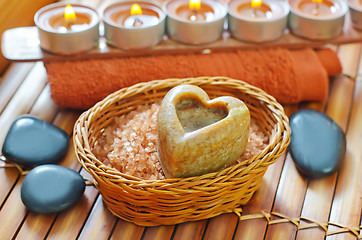 Image showing sea salt, soap and towel