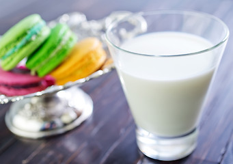 Image showing milk in glass and color macaroons