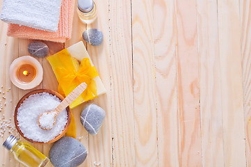 Image showing sea salt, soap and towels