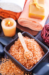 Image showing sea salt, soap and towels