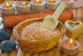 Image showing sea salt, soap and towel