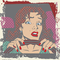 Image showing  Scared woman driver behind the wheel of a car pop art comics re