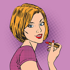 Image showing Beautiful girl paints her lips red lipstick pop art comics retro