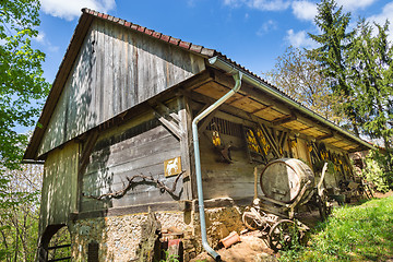 Image showing Hayrack and barn in Alpine enviroment, Slovenia