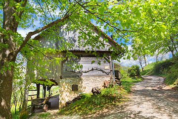 Image showing Hayrack and barn in Alpine enviroment, Slovenia