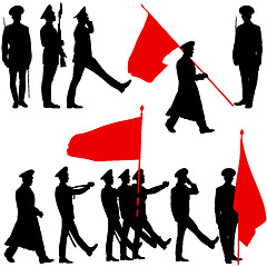 Image showing Silhouette  military people  with flags collection.  