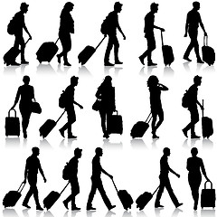 Image showing Black silhouettes travelers with suitcases on white background. 