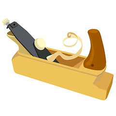 Image showing Wooden plane, boards and a shaving on a white background. 