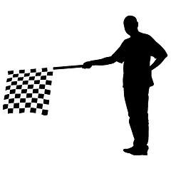 Image showing Man waving at the finish of the black white, checkered flag. 