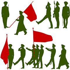 Image showing Silhouette  military people  with flags collection.  