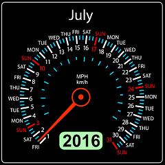 Image showing 2016 year calendar speedometer car. July. illustration.