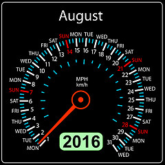 Image showing 2016 year calendar speedometer car. August.  illustration.