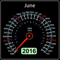 Image showing 2016 year calendar speedometer car. June.  illustration.