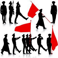 Image showing Silhouette  military people  with flags collection.  