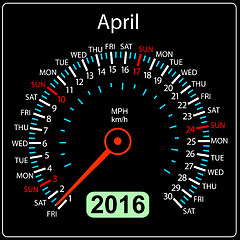 Image showing 2016 year calendar speedometer car. April.  illustration.