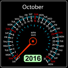 Image showing 2016 year calendar speedometer car. October.  illustration.