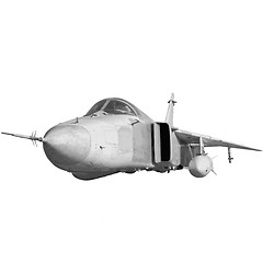 Image showing Military jet bomber Su-24 Fencer flying a white background. 