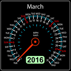 Image showing 2016 year calendar speedometer car. March.  illustration.