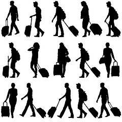 Image showing Black silhouettes travelers with suitcases on white background. 