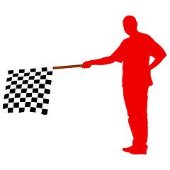 Image showing Man waving at the finish of the black white, checkered flag. 