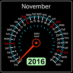 Image showing 2016 year calendar speedometer car. November.  illustration.