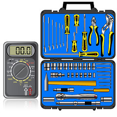 Image showing Multimeter of black color and set of different tools  in a box 