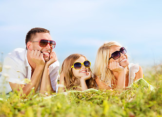 Image showing happy family with blue sky and green grass