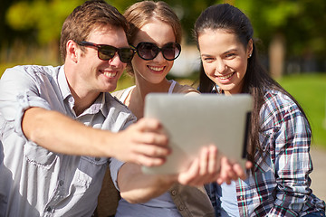 Image showing students or teenagers with tablet pc taking selfie