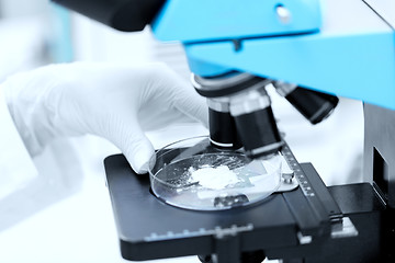 Image showing close up of hand with microscope and powder sample