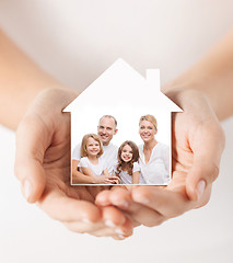 Image showing close up of hands holding house shape with family