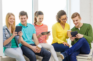 Image showing smiling students with tablet pc computer