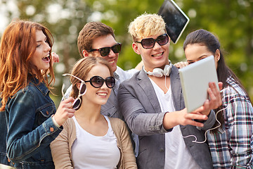 Image showing students or teenagers with tablet pc taking selfie