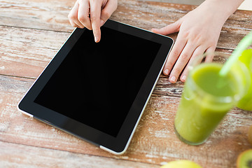 Image showing close up of woman hands tablet pc and fruit juice