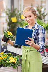 Image showing happy woman with tablet pc in greenhouse