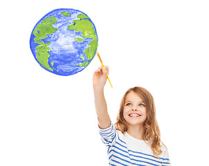 Image showing cute little girl drawing with brush planet earth