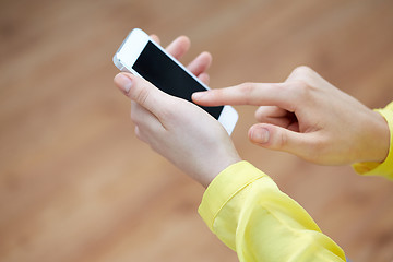 Image showing close up of female hands with smartphone at home