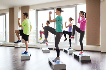 Image showing group of people working out with steppers in gym