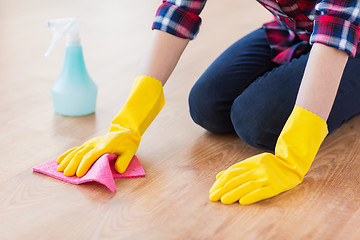 Image showing close up of woman with rag cleaning floor at home
